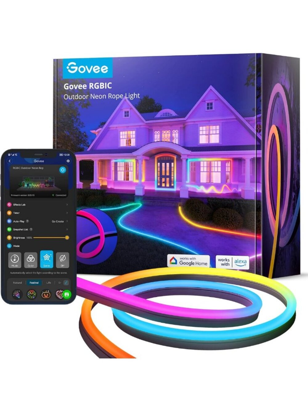 32.8ft Waterproof RGBIC Neon Rope Lights for Outdoor Decor, Music Sync & 64